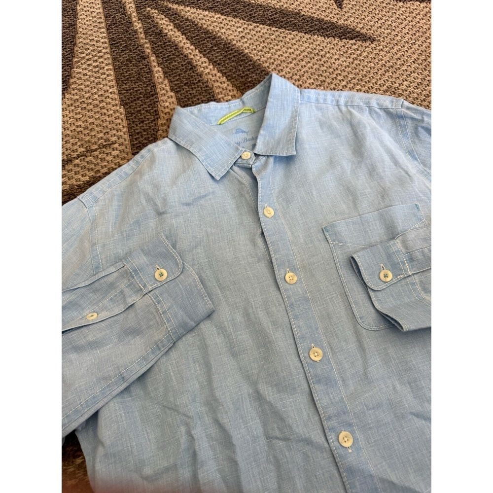 TOMMY BAHAMA 100% Linen Lime‎ Blue  Relaxed Fit Long Sleeves Button Shir…